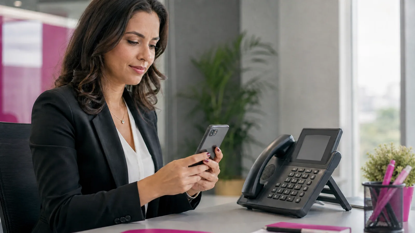 Profissional utilizando smartphone ao lado de um telefone IP em ambiente corporativo
